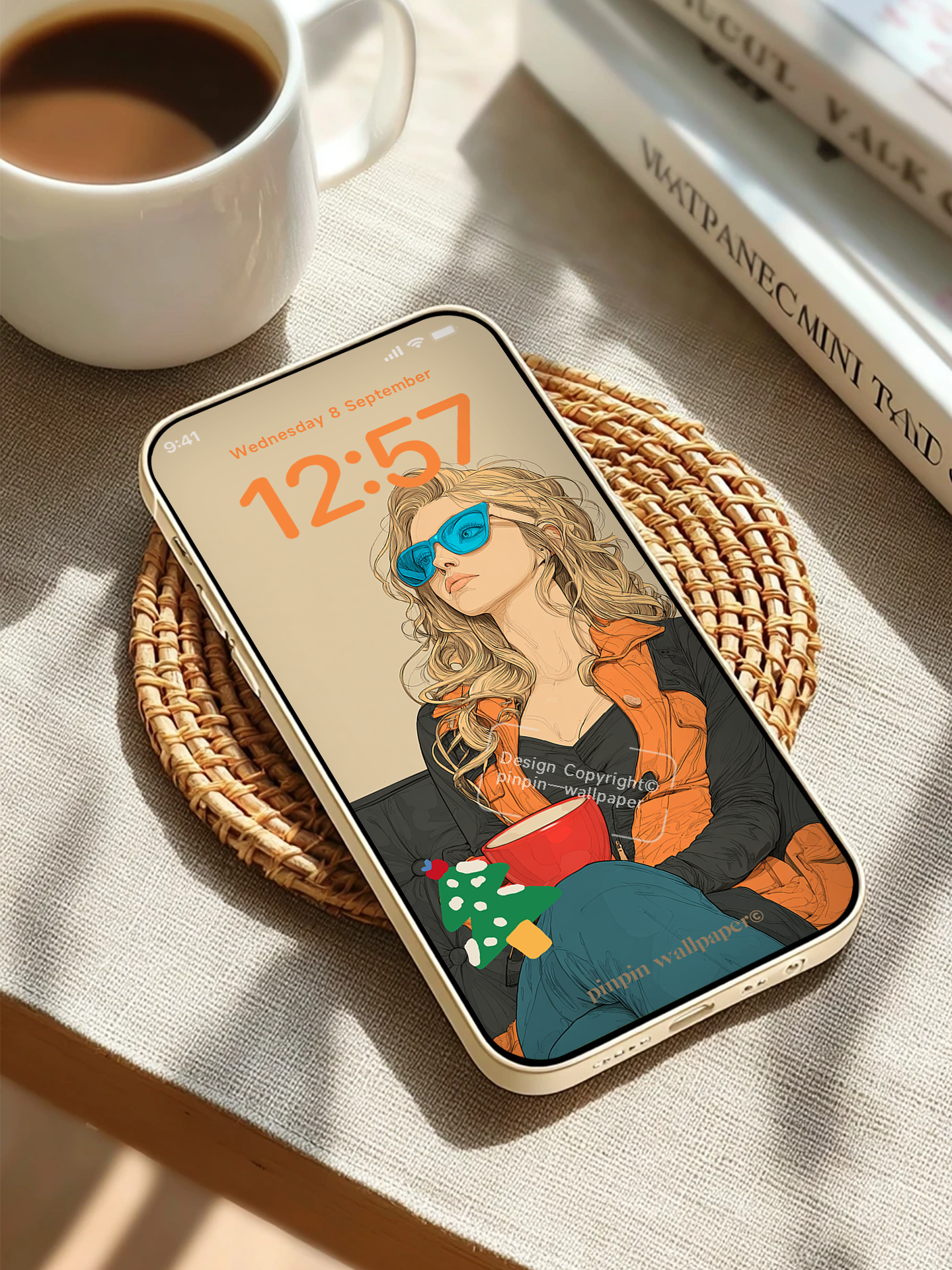 4K HD Phone Wallpaper Background -No.6019 Illustration Style of a Girl Drinking Coffee Wallpapers for iPhone and Android