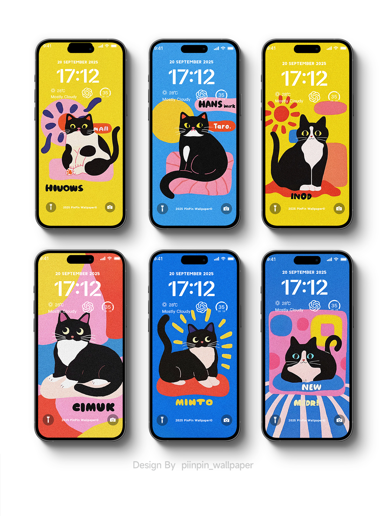 4K HD Wallpaper Background - Minimalist style Black Cat Illustration for iPhone and Android 6PACK