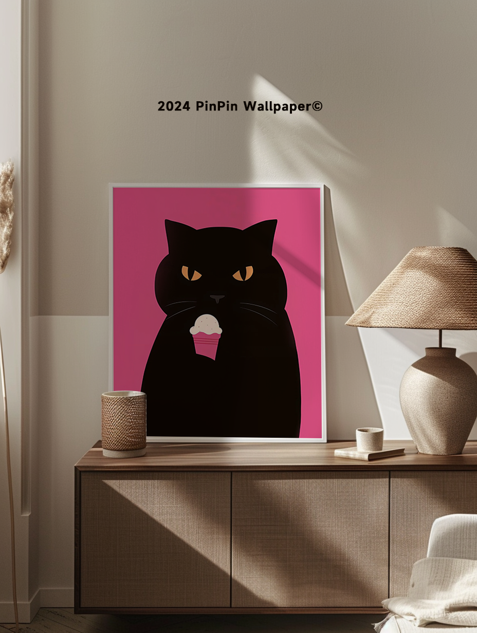 Black Cat Holding Ice Cream Pink Background Poster for Minimalist Home or Office Decoration