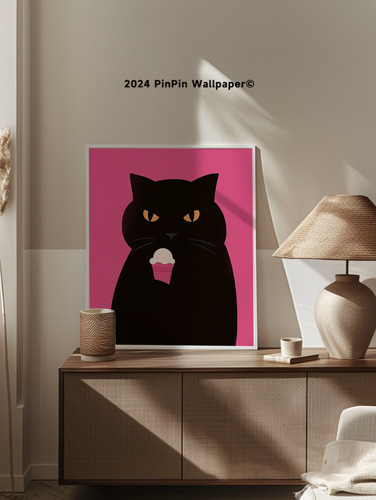 Black Cat Holding Ice Cream Pink Background Poster for Minimalist Home or Office Decoration