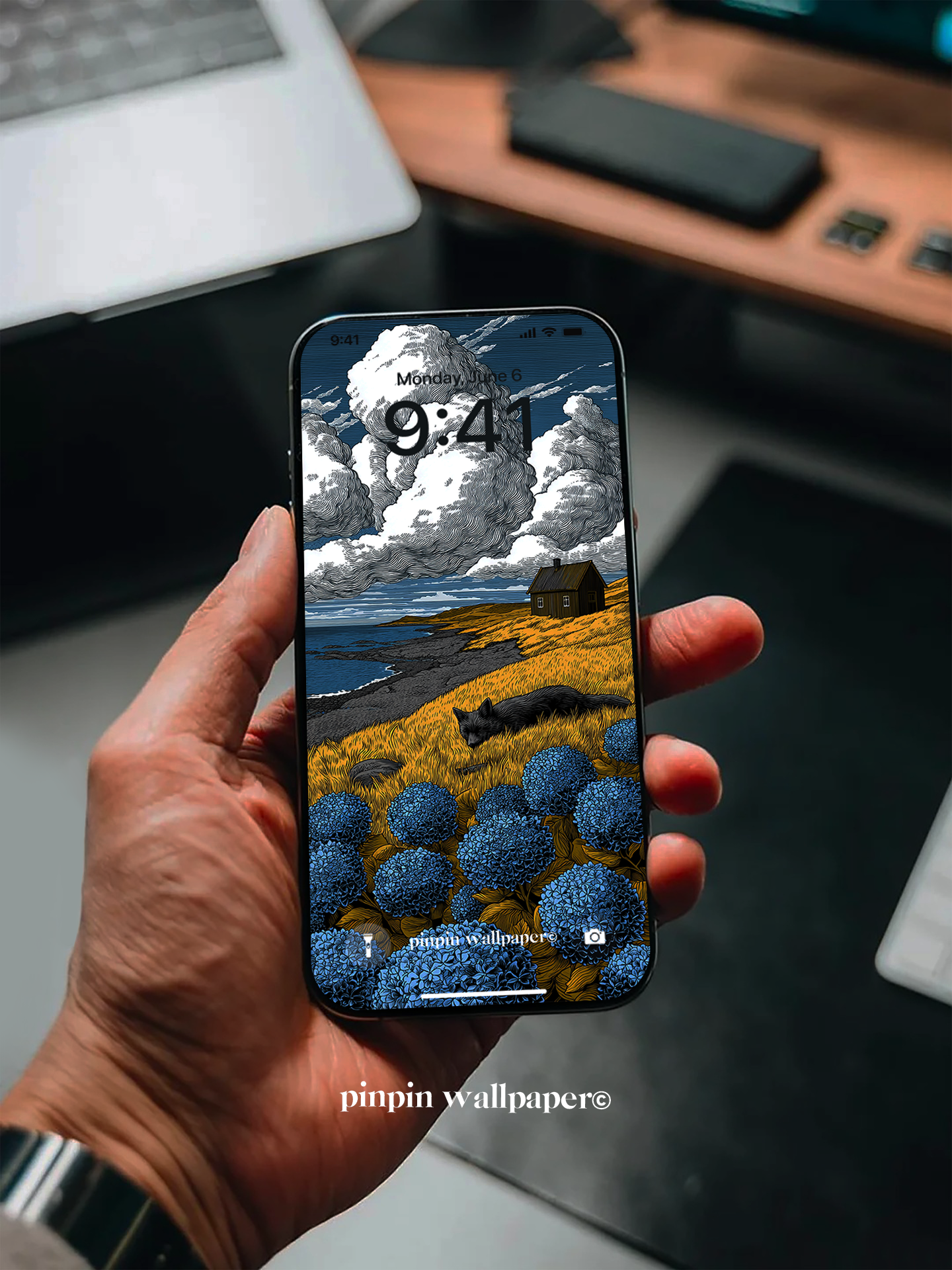4K HD Phone Wallpaper Background -  Minimalist Gradient Style Chalet under the sky and black cat wallpapers for iPhone and Android