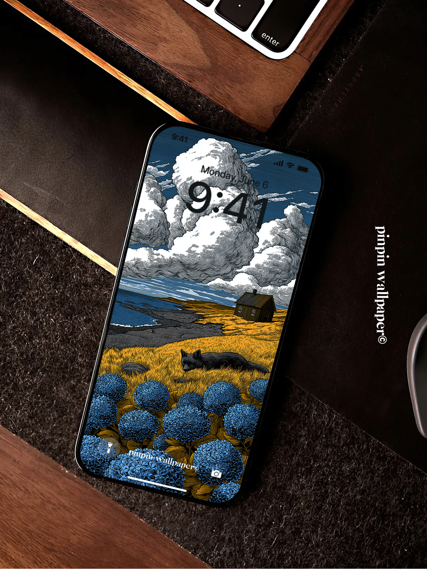 4K HD Phone Wallpaper Background -  Minimalist Gradient Style Chalet under the sky and black cat wallpapers for iPhone and Android
