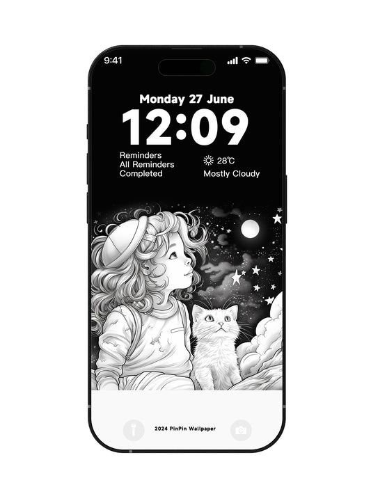 4K HD Wallpaper Background -Illustration style girl and cat under the starry sky for iPhone and Android